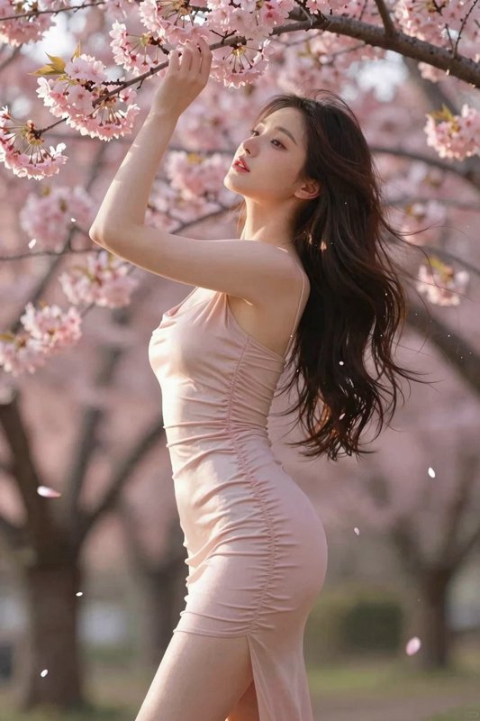 Young woman in a pale pink dress reaches up to touch cherry blossom branches as soft petals fall around her
