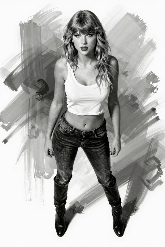 Black and white artistic portrait of Taylor Swift standing in casual wear against abstract brushed background