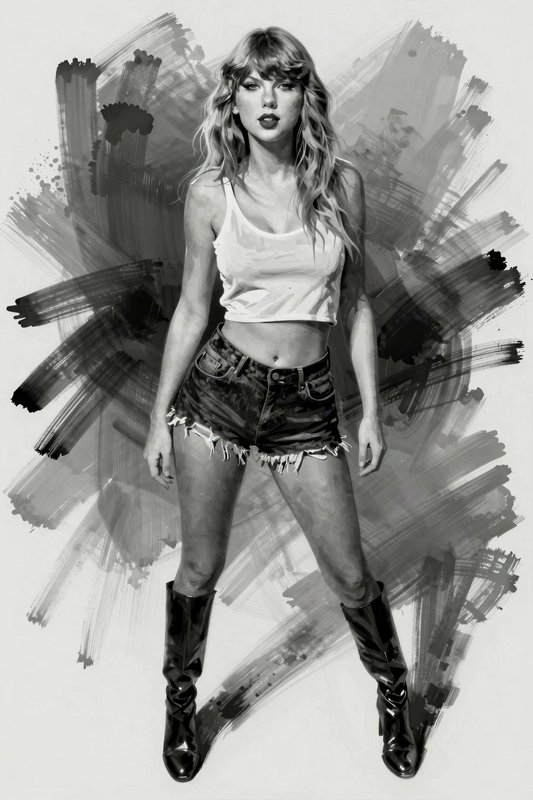 Stylized monochrome portrait of Taylor Swift standing against abstract grunge brush stroke background