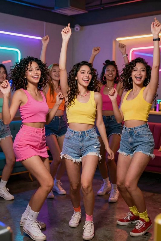 Group of smiling young women dancing together at a neon-lit 90s themed house party