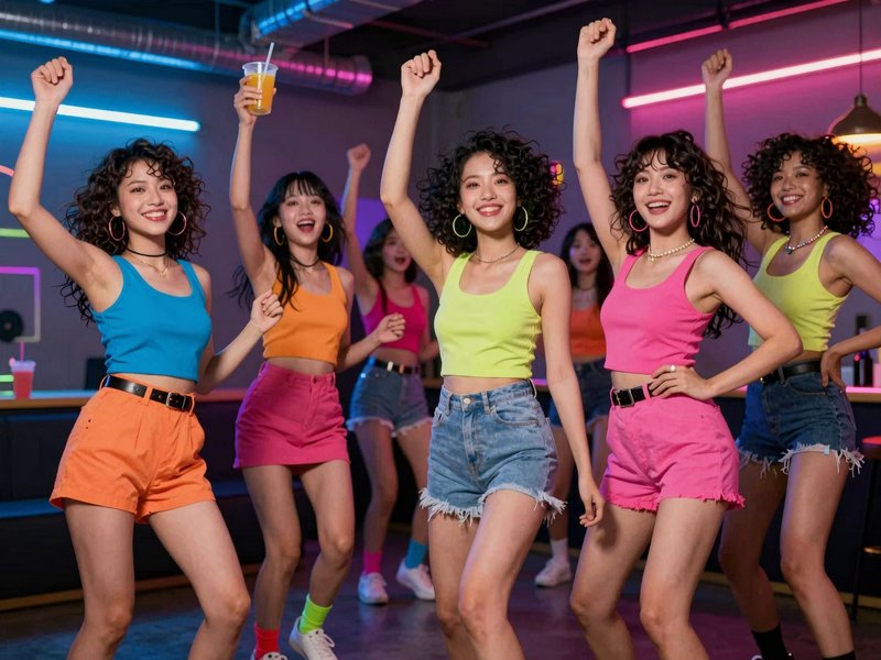Group of smiling young women dancing at a neon-lit retro themed nightclub party
