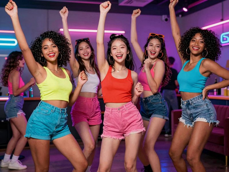 Happy diverse group of young women dancing with raised arms at a neon lit nightclub party