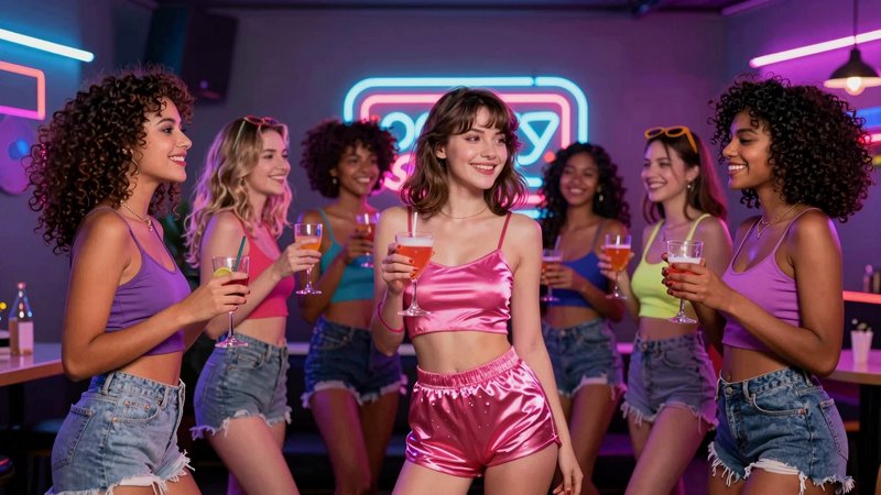 Group of young women toasting with cocktails at a neon-lit nightclub girls night out