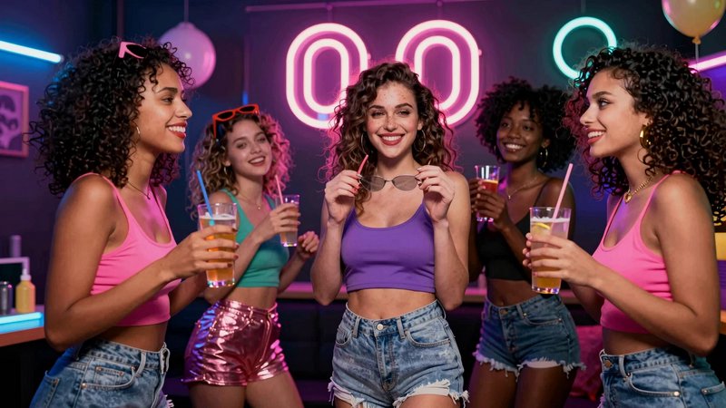 Five young women holding cocktails laugh together at a neon-lit house party