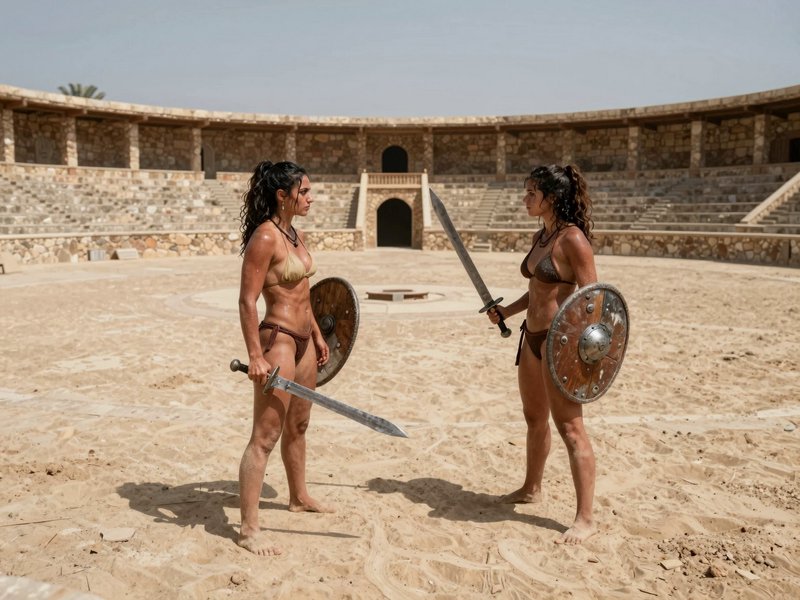 Two muscular female gladiators face off with swords and shields inside a sandy stone amphitheater