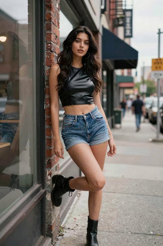 Young woman in casual streetwear leaning against a brick storefront on a downtown city sidewalk