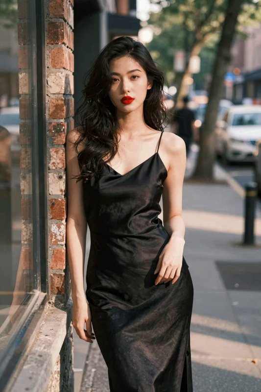 Elegant woman in a black satin slip dress leans against a brick storefront on a sunlit city sidewalk