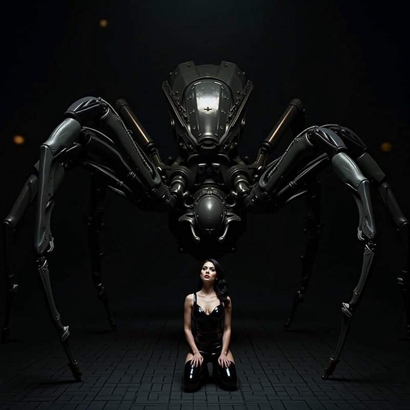 A woman in glossy black latex kneels beneath a towering menacing mechanical spider in a dark shadowy space