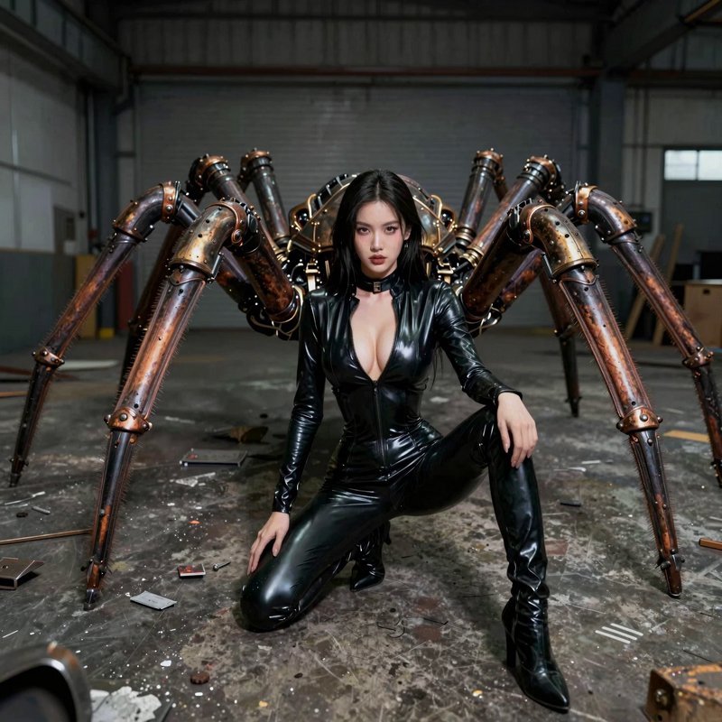 Woman in a glossy black latex catsuit poses with steampunk mechanical spider legs in an industrial workshop