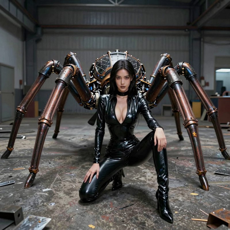 Woman in a glossy black latex catsuit kneels before a large steampunk mechanical spider in an industrial warehouse