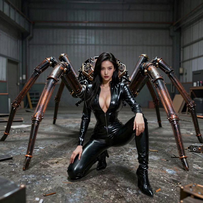 Woman in black latex catsuit kneels before a large steampunk mechanical spider in an industrial warehouse