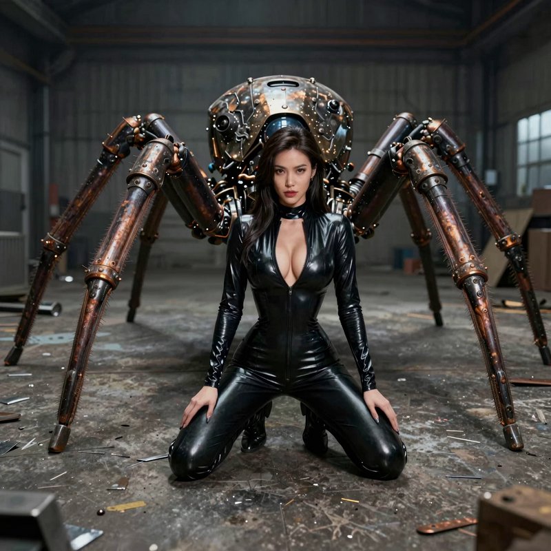 Woman in glossy black catsuit kneels before a steampunk mechanical spider robot inside an industrial warehouse