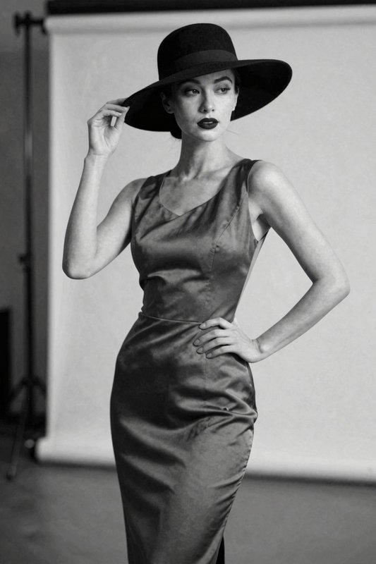 Elegant woman posing with wide brim hat and satin sheath dress in monochrome studio fashion portrait
