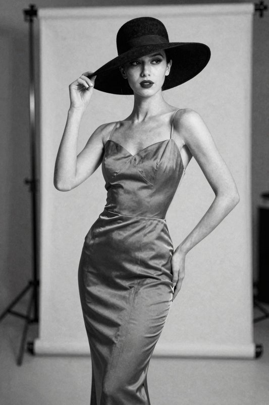 Elegant woman tipping her wide brimmed hat while posing in a satin slip dress for a studio portrait