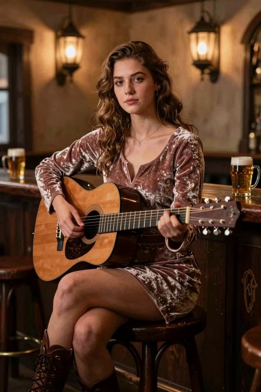Young woman sits on a bar stool playing acoustic guitar in a warm cozy vintage pub