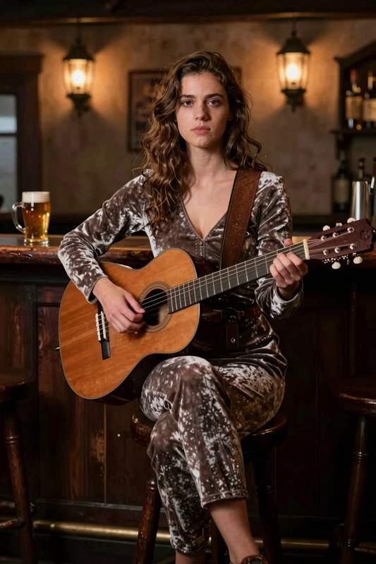 Young woman holding a classical acoustic guitar seated on a stool in a cozy vintage pub