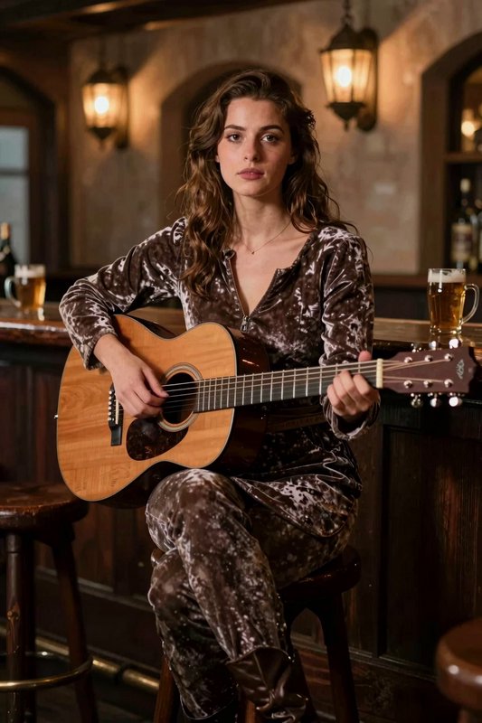 Woman sitting on a bar stool holding an acoustic guitar in a cozy vintage pub