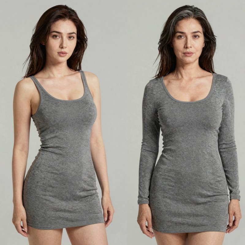 Side by side portrait showing younger and older version of the same woman in matching grey bodyco...