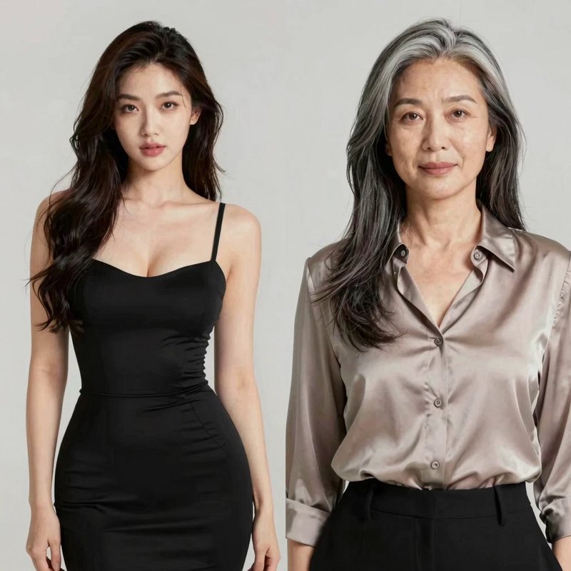 Young and mature East Asian women stand side by side facing the camera against a plain light grey...