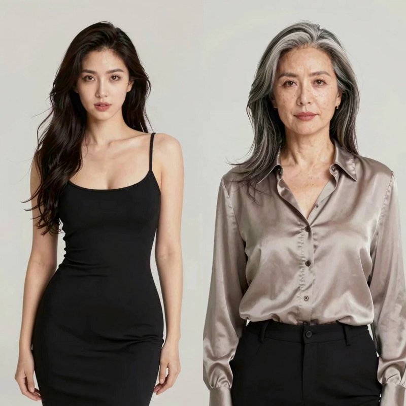 Young woman in a black slip dress stands beside an older gray-haired woman in a studio portrait