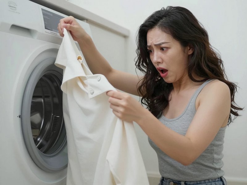 Shocked woman inspects a damaged white shirt removed from a front load washing machine