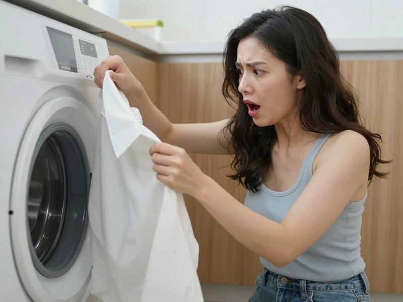 Shocked young woman stares at a damaged white shirt pulled from a front load washing machine