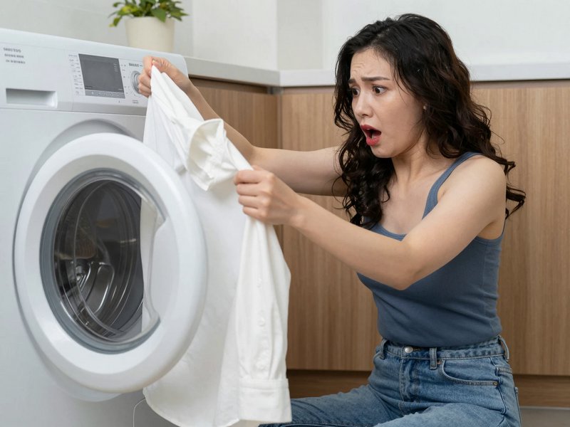 Shocked woman stares at a shrunken white shirt pulled from a front load washing machine