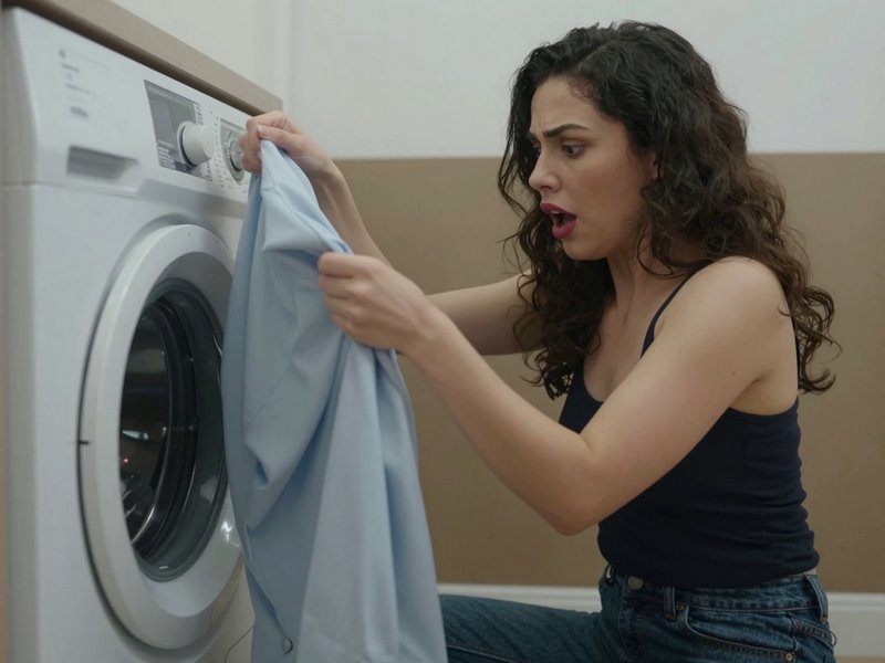 Shocked woman reacts to a light blue shirt she pulled from a front loading washing machine