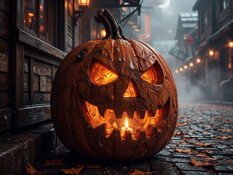Menacing glowing jack-o'-lantern rests on a foggy cobblestone old town street for Halloween