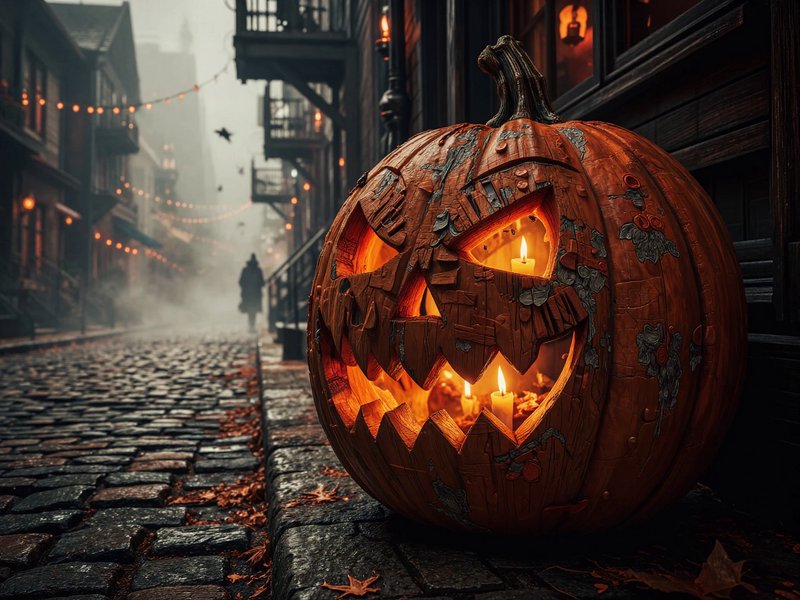 Glowing carved jack-o'-lantern rests on a foggy cobblestone old town Halloween street