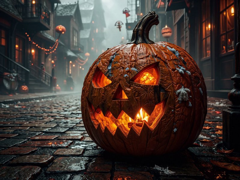 Menacing glowing jack-o'-lantern resting on a foggy cobblestone Halloween old town street