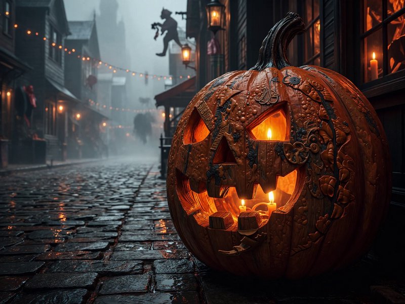 Intricate glowing carved jack-o-lantern sits on a foggy old cobblestone Halloween town street