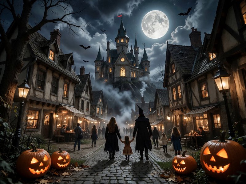 Family walks down a cobblestone Halloween village street lined with glowing jack-o'-lanterns towa...