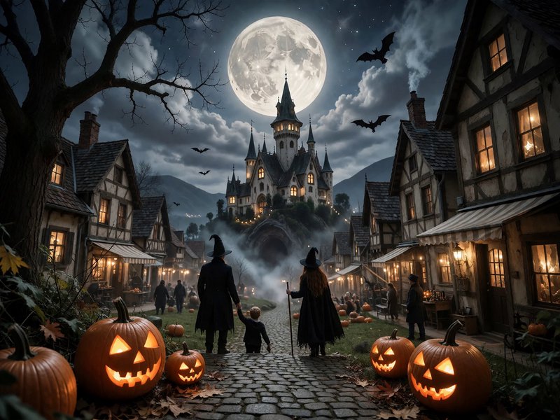 Spooky Halloween village scene with glowing jack-o'-lanterns, costumed figures, a giant full moon...