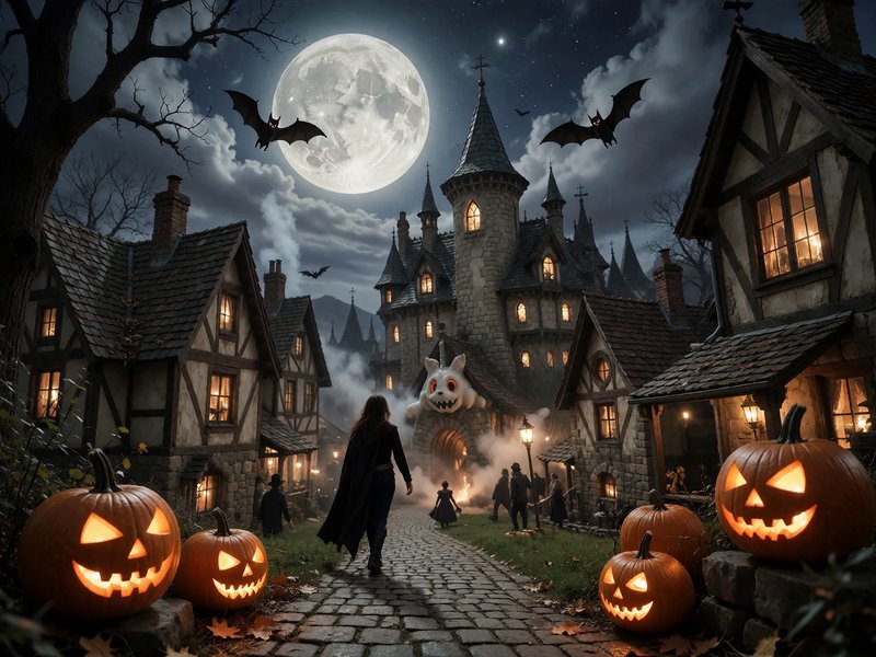 Cloaked figure walks down a cobblestone path into a spooky Halloween village lined with glowing j...