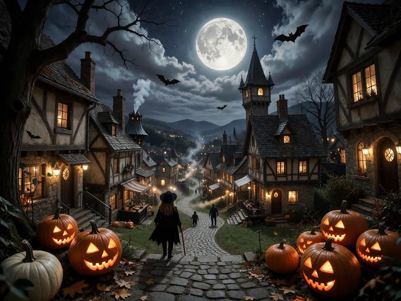 Witch overlooking cozy spooky Halloween village lined with glowing jack-o-lanterns under a bright...
