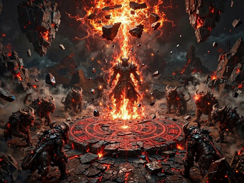 Horned armored demon rises from a flaming runic summoning circle surrounded by hellbeasts in a fi...