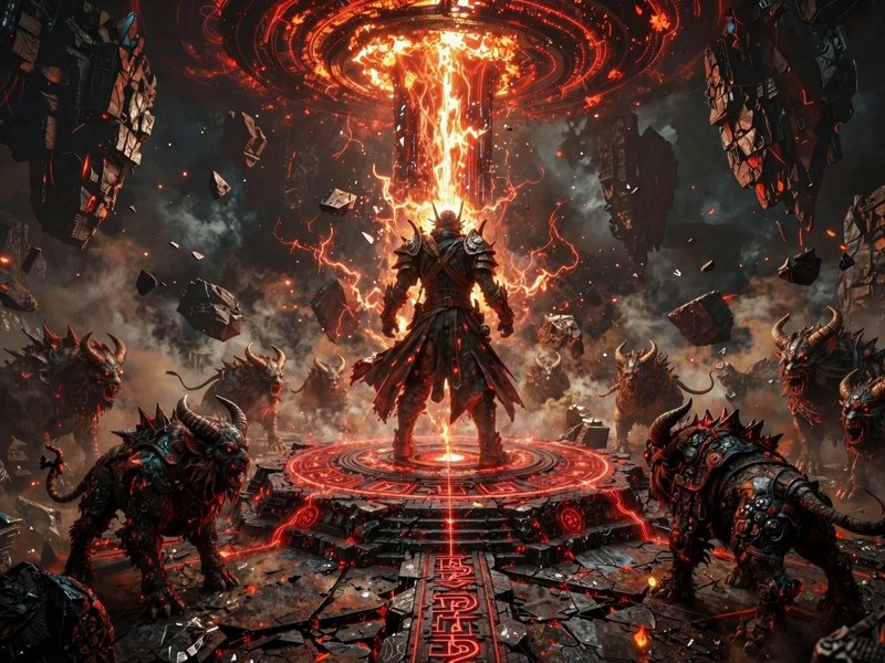 Armored dark fantasy warrior stands on a glowing rune altar facing a fiery portal surrounded by h...