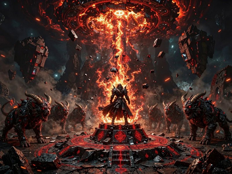 Hooded armored dark fantasy warrior stands on a runed ritual platform amid erupting fire and horn...