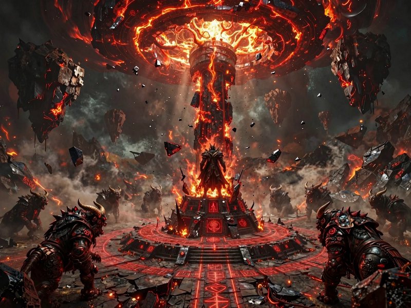 Dark demonic overlord stands on a fiery runic ritual platform surrounded by armored minotaur guards