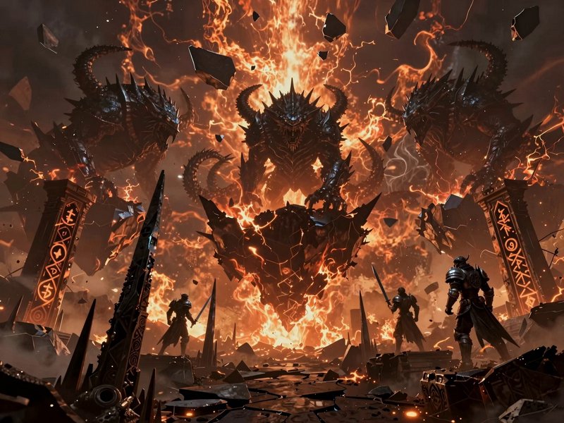 Armored fantasy warriors confront towering spiked demon beasts rising from a blazing fiery hellscape