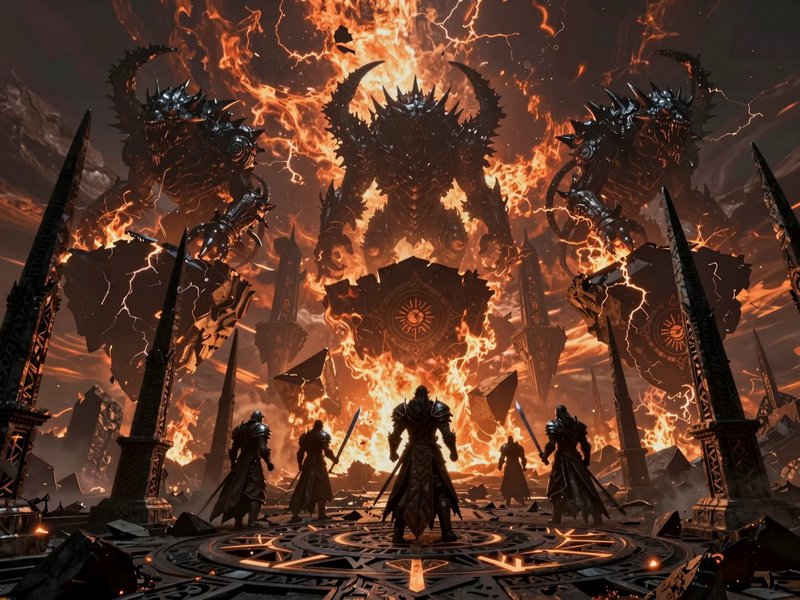 Heavily armored fantasy warriors face towering spiked demonic entities wreathed in roaring fire a...