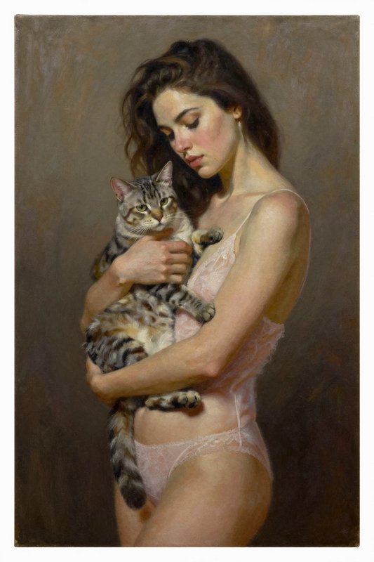 Young woman in pale pink lace lingerie holding a tabby cat in a classical oil portrait