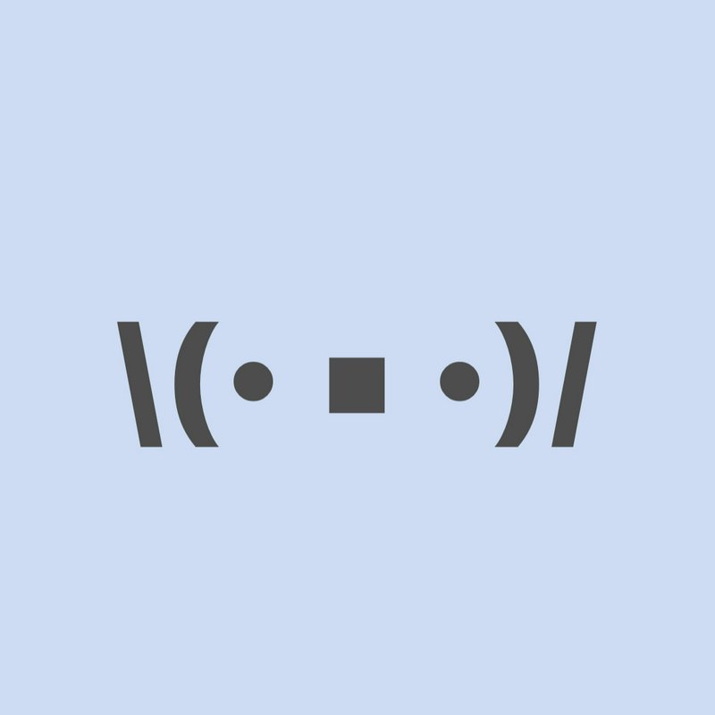 Minimalist shrug emoticon on a light blue background with square mouth and dot eyes.
