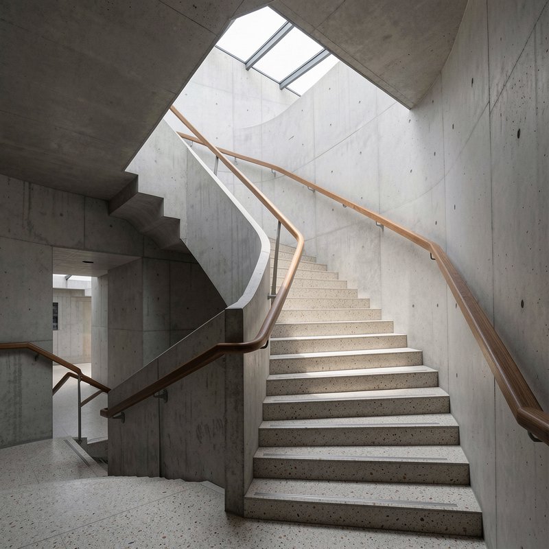 Curved exposed concrete staircase with warm wooden handrails lit by an overhead glass skylight