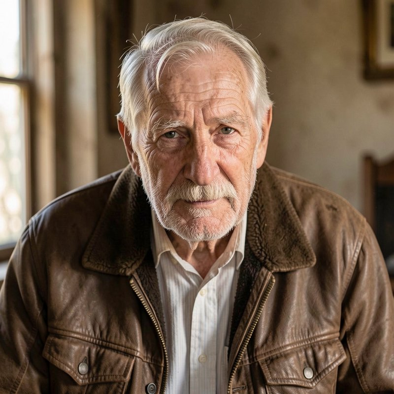 Elderly white-haired man with a mustache sits for a warm indoor headshot portrait