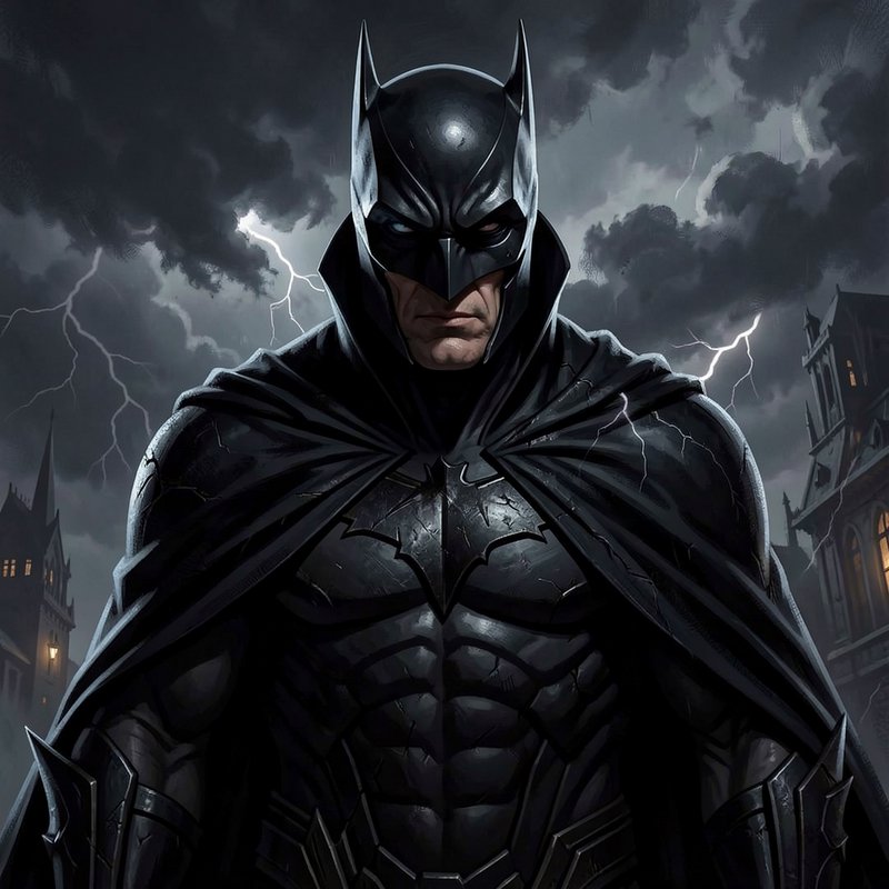 Stoic Batman stands before lightning-streaked storm clouds over gothic Gotham city