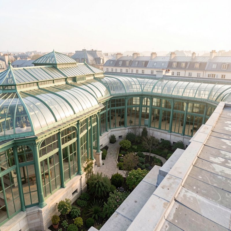Aerial view of an ornate green-framed glass conservatory surrounding a courtyard garden in a hazy...