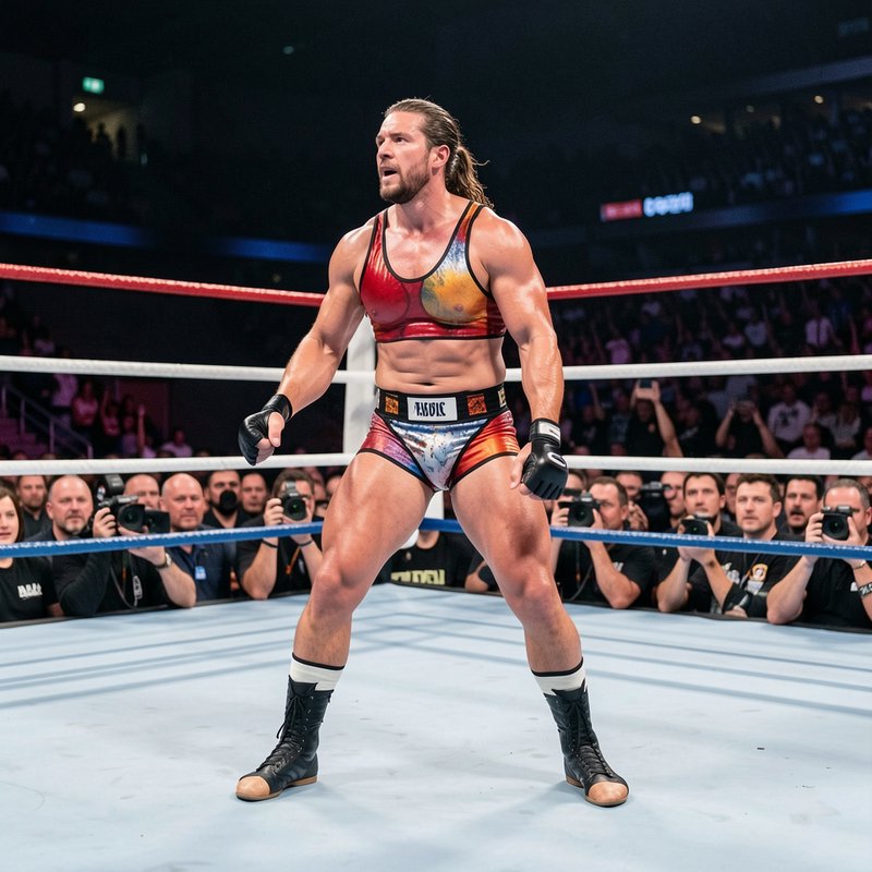 Muscular long-haired pro wrestler stands confidently in a wrestling ring as ringside photographer...