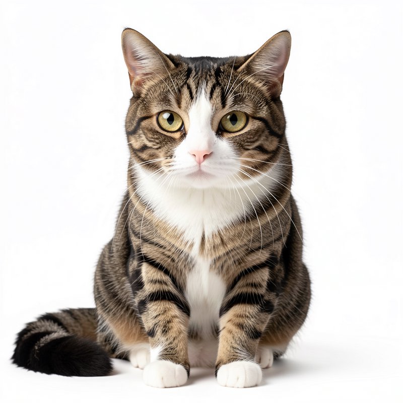 Brown tabby and white domestic cat sitting upright facing the camera on a plain white background
